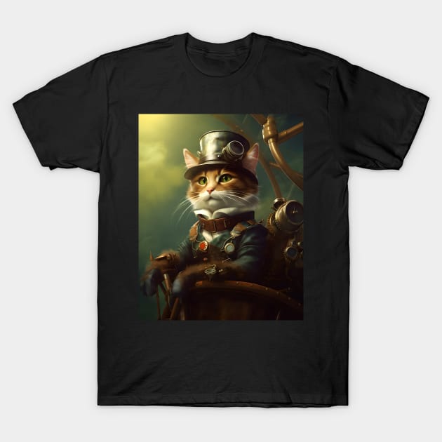 Stylish Steampunk Cat T-Shirt by Obotan Mmienu